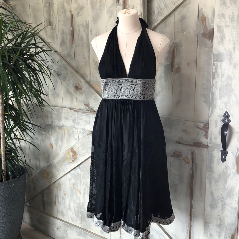 Marchesa Notte silk metallic burnout halter dress